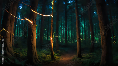 a many trees that are lit up in the dark