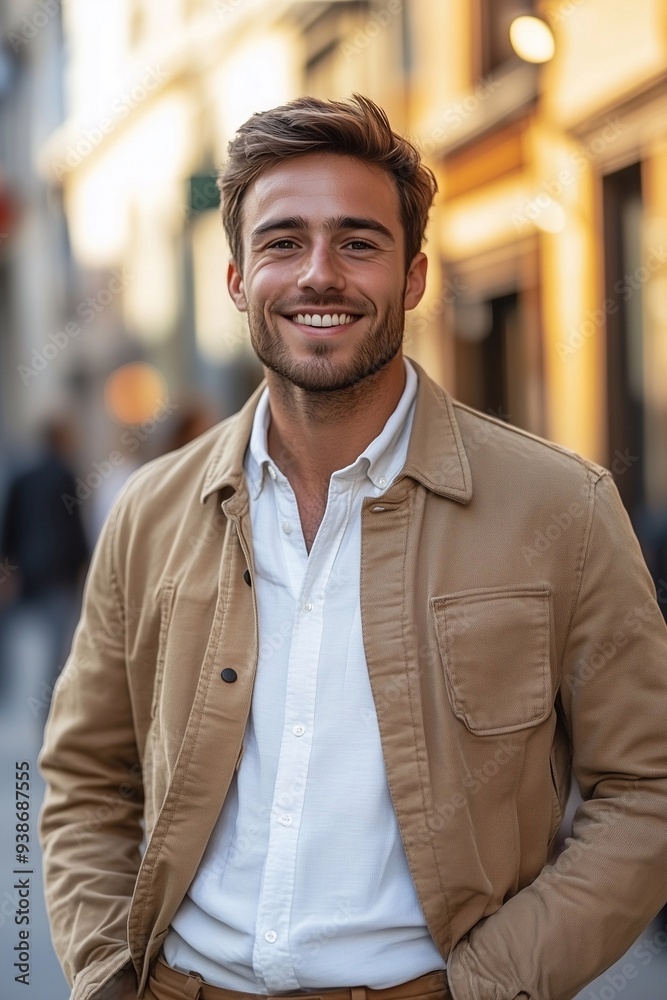 Obraz premium Happy young European professional business man, casual guy looking at camera. Confident smiling businessman, male entrepreneur, small business owner posing outdoors.