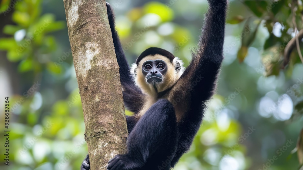 White-handed Gibbon Perched on a Tree Branch White-handed Gibbon Perched on a Tree Branch