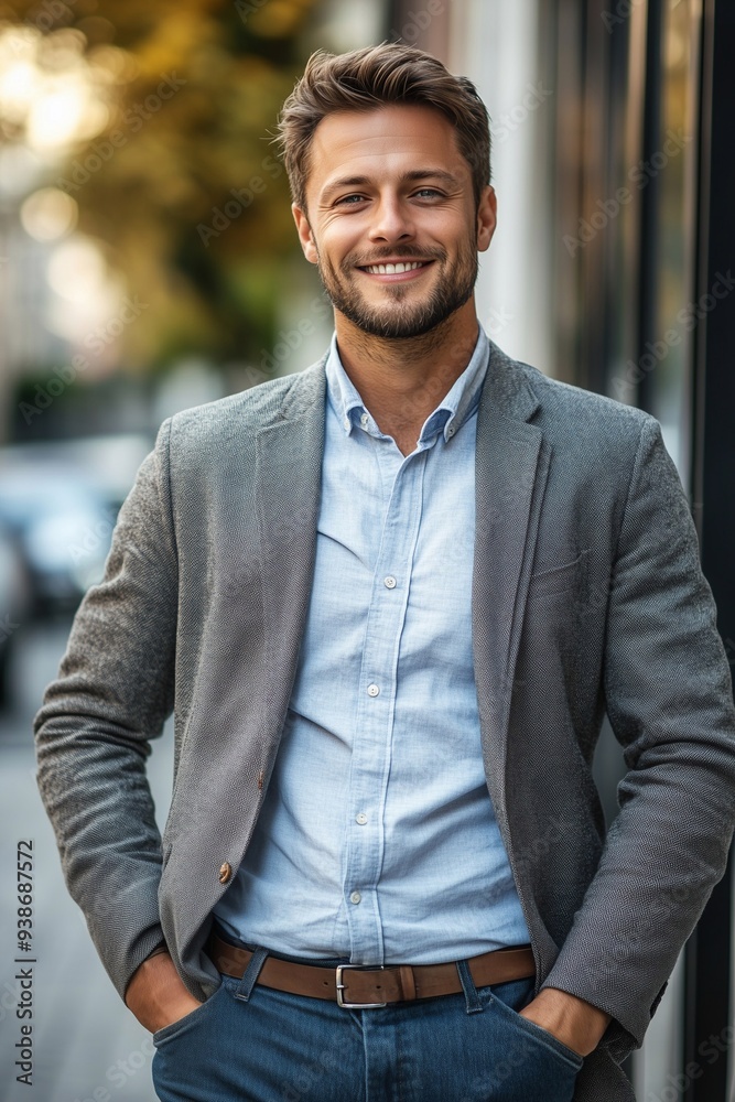 Happy young European professional business man, casual guy looking at camera. Confident smiling businessman, male entrepreneur, small business owner posing outdoors. Happy young European professional business man, casual guy looking at camera. Confident smiling businessman, male entrepreneur, small business owner posing outdoors.