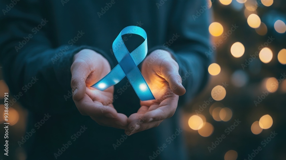 custom made wallpaper toronto digitalClose up of Man's hand holding blue ribbon, Prostate Cancer Awareness, November blue, health awareness. Ai generated image