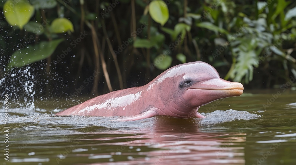 Fototapeta premium Pink River Dolphin Swimming in Green Water