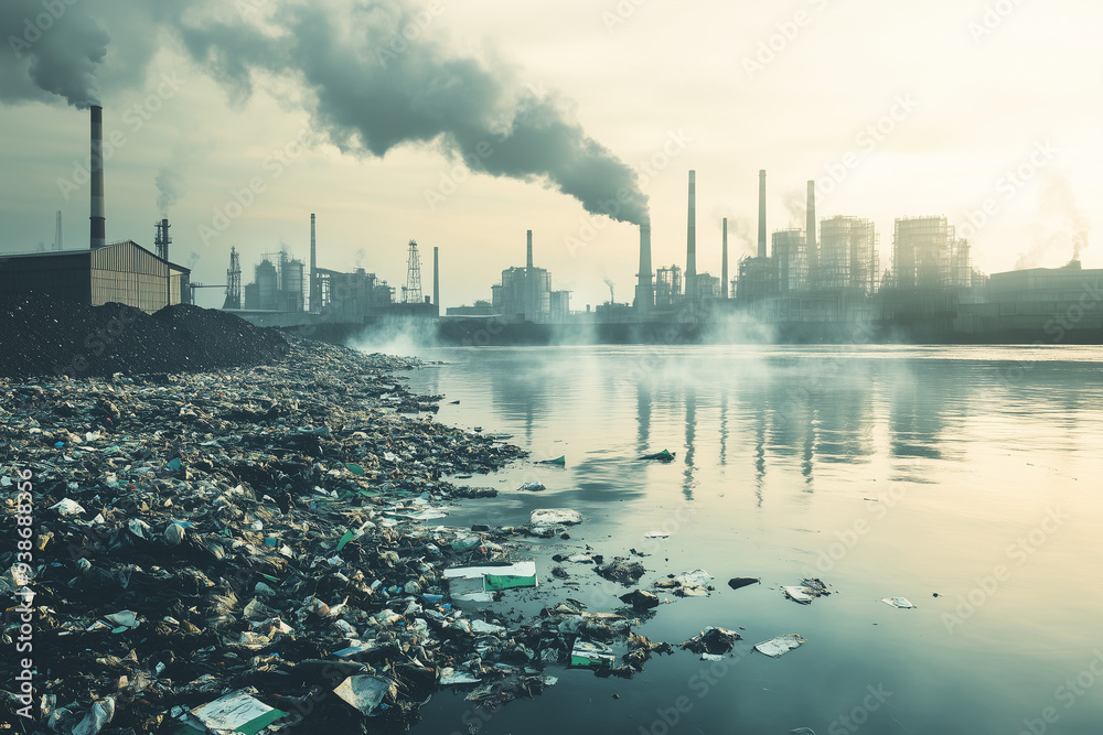 Naklejka premium Industrial waste dumping into a river. 