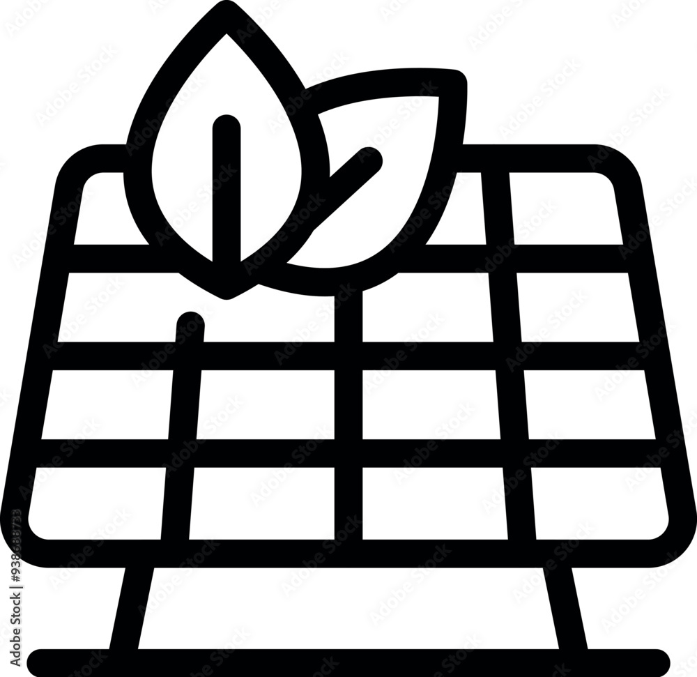 Line art icon of a solar panel generating clean energy, with leaves symbolizing its environmental friendliness