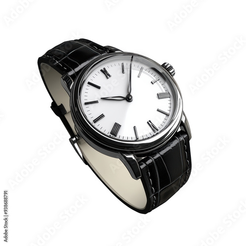 This sophisticated watch features a minimalist design with a sleek white dial, Roman numerals, and a luxurious black leather strap, perfect for any formal or casual occasion.