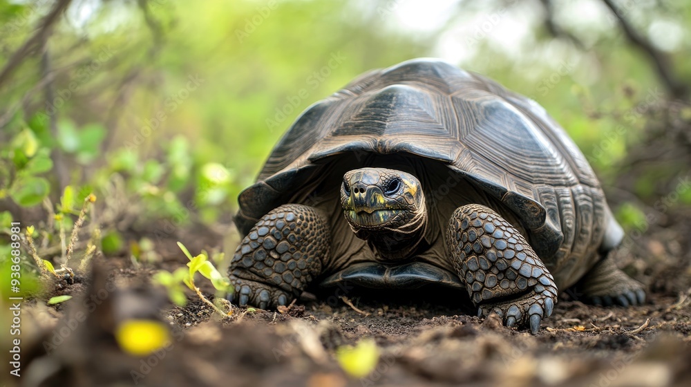 Fototapeta premium Galapagos Giant Tortoise Walking Through Forest Undergrowth