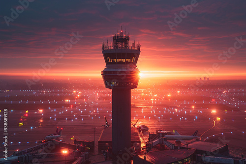 From a high-angle view, air traffic control tower in United Kingdom stands tall and proud against vibrant sunrise, overseeing bustling activity of planes taking off and landing, creating a mesmerizin photo