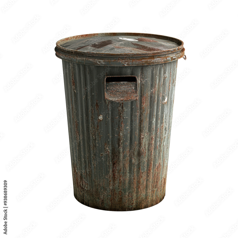 An old, rusted metal trash can with a weathered surface, showcasing its ...