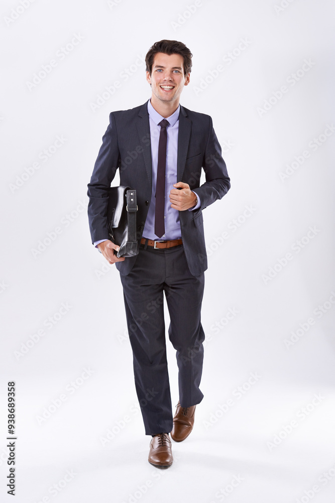 Businessman, happy and portrait in studio with briefcase for career pride, corporate law and confidence. Lawyer, professional and employee with bag for attorney, advisor and space on white background Businessman, happy and portrait in studio with briefcase for career pride, corporate law and confidence. Lawyer, professional and employee with bag for attorney, advisor and space on white background