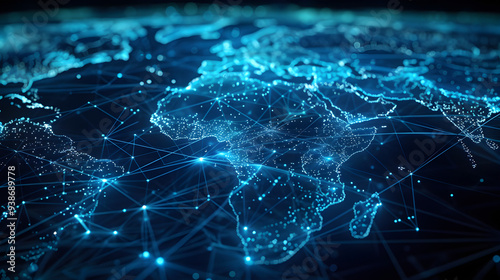 Illuminated Global Network Map in Blue Hues. a world map illuminated with interconnected lines and nodes, representing a digital network spanning across continents