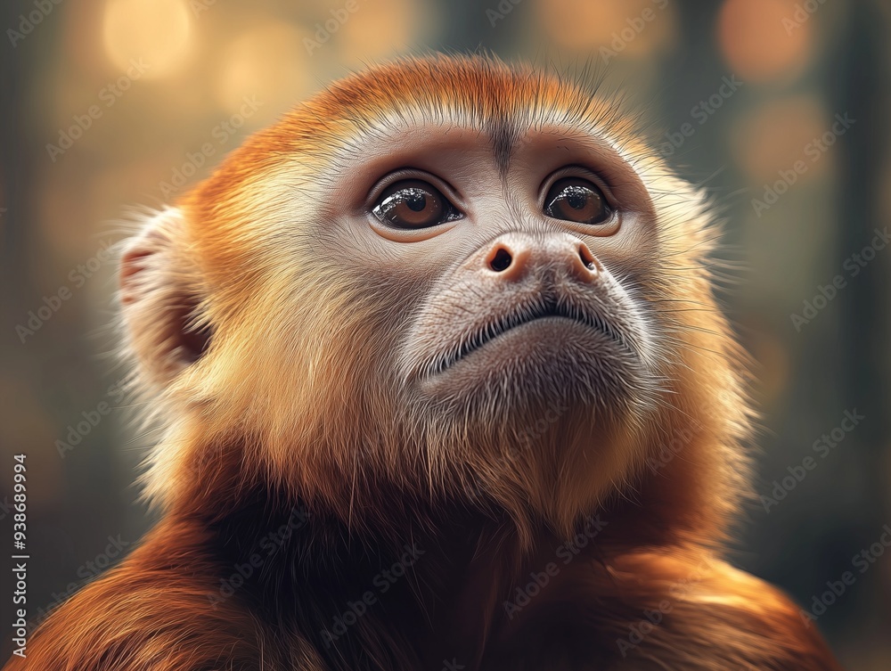 Fototapeta premium Portrait of White faced Capuchin, Tropical Monkey, in a forest with autumn leaves