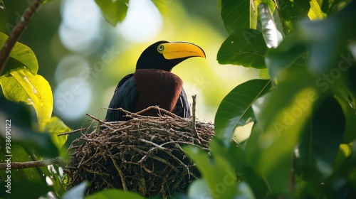 A Chestnut-Mandibled Toucan Perched in a Nest in a Tree photo