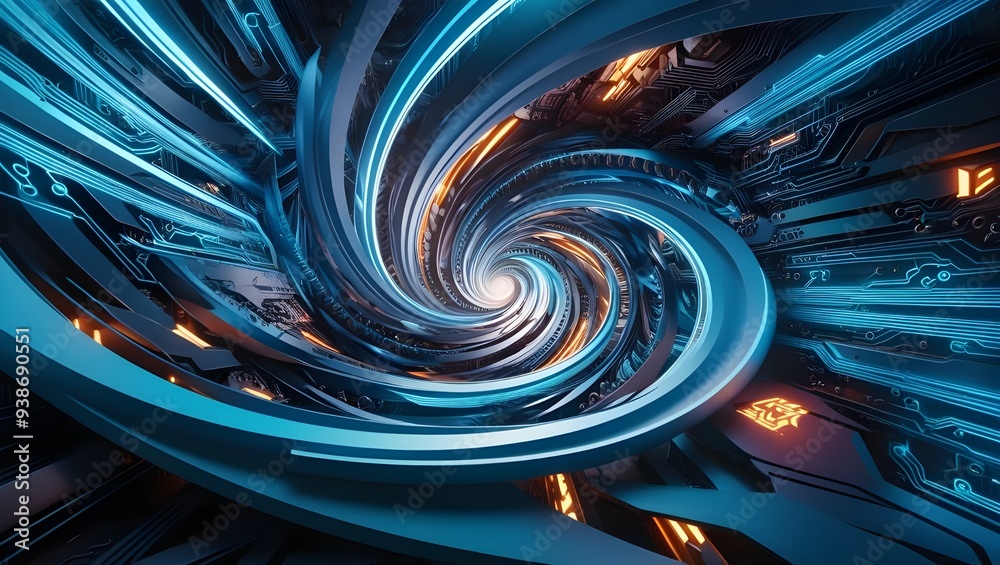 Abstract technology background, swirling blue light trails forming a vortex, intricate geometric patterns, glowing circuits, 3D rendering with deep shadows, cool hues, futuristic data streams, dynamic Abstract technology background, swirling blue light trails forming a vortex, intricate geometric patterns, glowing circuits, 3D rendering with deep shadows, cool hues, futuristic data streams, dynamic