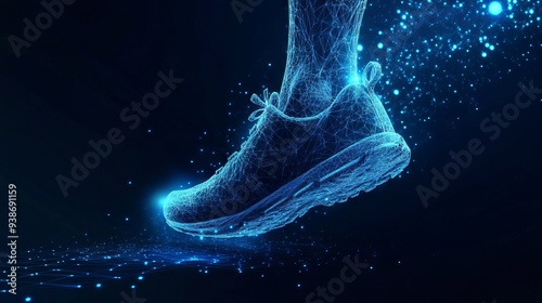 Abstract image of feet in sneakers running low poly. Vector sport concept. With dark blue background. Low poly wireframe with lines, dots and glowing particles