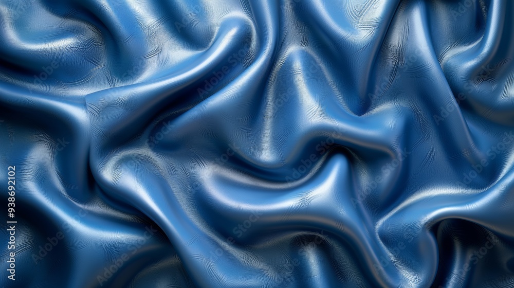 An elegant and luxurious image showcasing a blue silky fabric with intricate waves and folds creating a sense of movement and fluidity