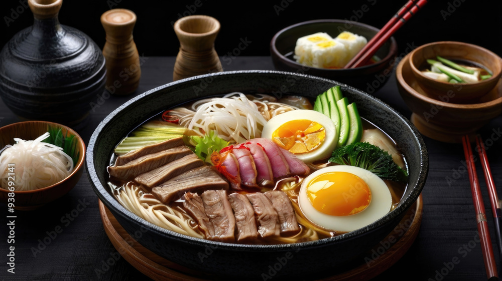 Japanese ramen noodle soup with beef and egg on black background Japanese ramen noodle soup with beef and egg on black background