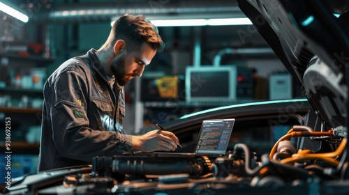 Mechanic using a laptop to diagnose car engine issues in a garage, showcasing modern auto repair technology and expertise.