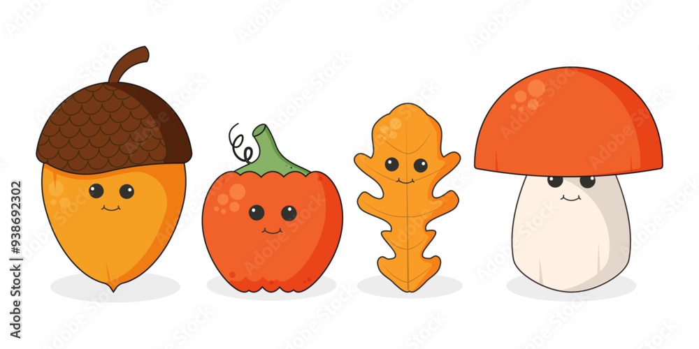Autumn set of groovy characters. Acorn, pumpkin, leaf and mushroom. Retro style autumn stickers. Vector. Autumn set of groovy characters. Acorn, pumpkin, leaf and mushroom. Retro style autumn stickers. Vector.