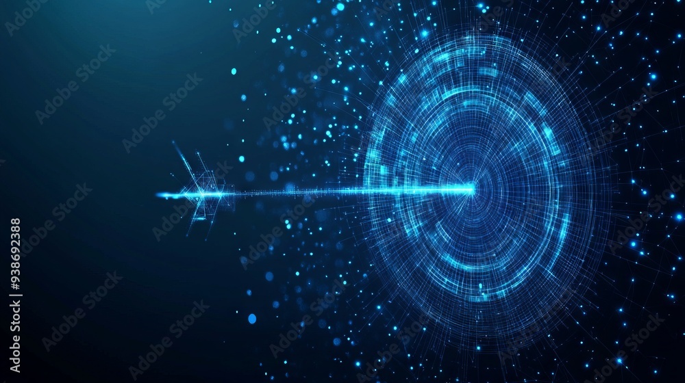 Obraz premium Abstract image of a Target. Vector business concept. With dark blue background. Low poly wireframe with lines, dots and glowing particles