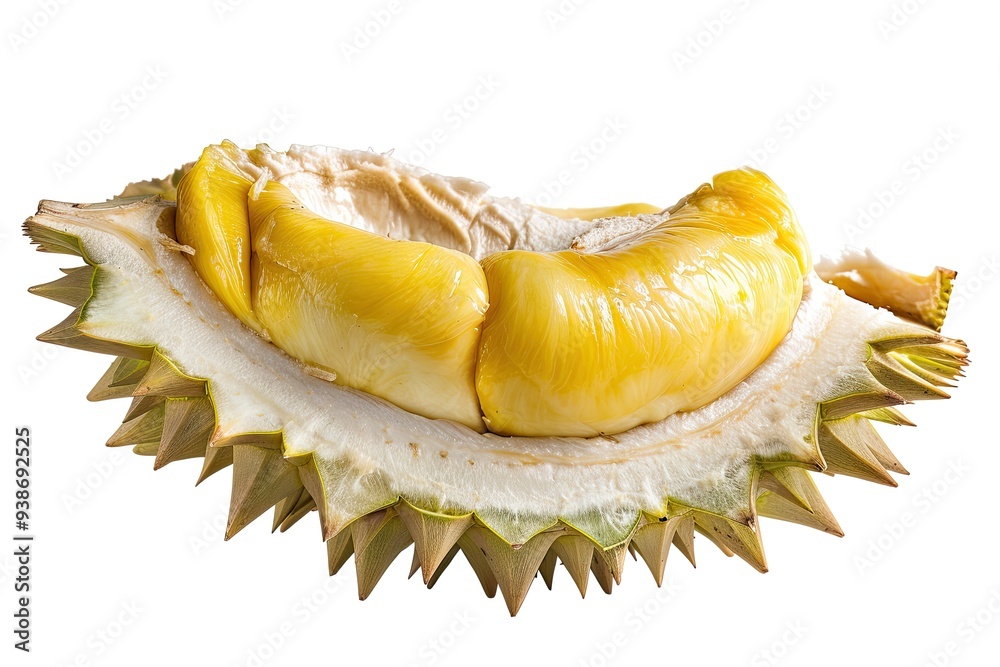 durian isolated on white, the thorny thick skin has been opened, showing the deliciously soft and sweet seeds. durian isolated on white, the thorny thick skin has been opened, showing the deliciously soft and sweet seeds.