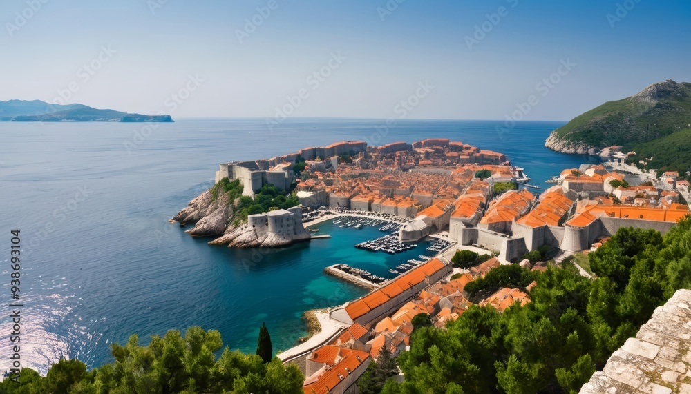 Fototapeta premium Enchanting coastal cityscape under a clear sky