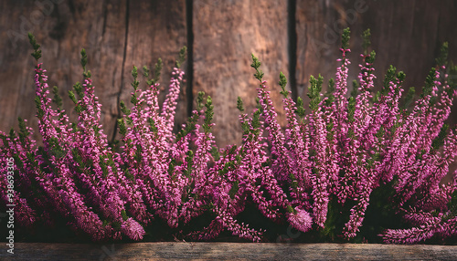 Purple or pink Calluna vulgaris flowers blooming in autumn or winter on old rustic wood back