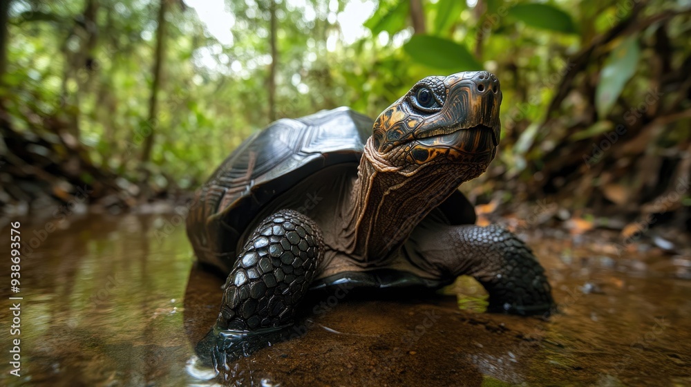 Fototapeta premium A Close-Up of a Black and Yellow Tortoise in a Forest Stream