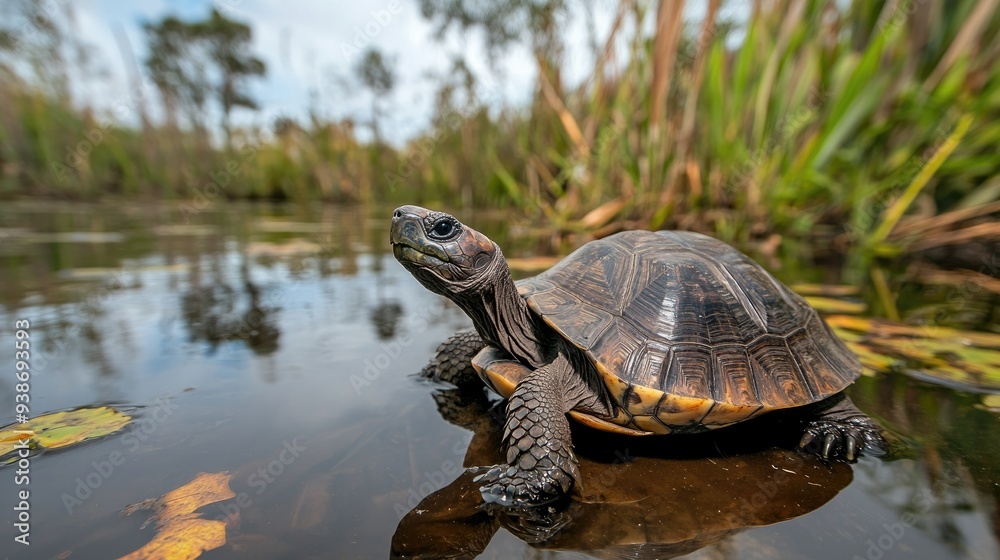 Naklejka premium A Close-Up of a Turtle in a Marsh