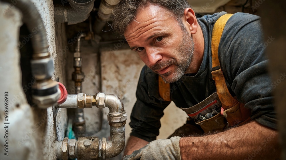 A plumber in his 50s, fixing a pipe in a residential basement. A plumber in his 50s, fixing a pipe in a residential basement.