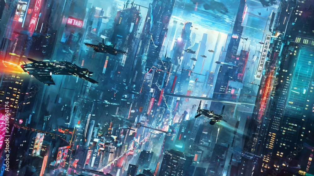 Dynamic futuristic cityscape with towering skyscrapers, flying vehicles, neon lights, and cyberpunk aesthetics. High-resolution sci-fi themed urban landscape Dynamic futuristic cityscape with towering skyscrapers, flying vehicles, neon lights, and cyberpunk aesthetics. High-resolution sci-fi themed urban landscape