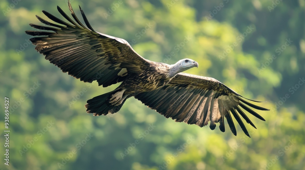 A Eurasian Griffon Vulture Soaring Against A Green Forested Background A Eurasian Griffon Vulture Soaring Against A Green Forested Background