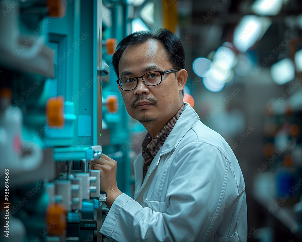 Scientist in Lab Coat Working in Industrial Environment. Research Professional Analyzing Equipment in Scientific Facility with Lab Gear and Technology Scientist in Lab Coat Working in Industrial Environment. Research Professional Analyzing Equipment in Scientific Facility with Lab Gear and Technology
