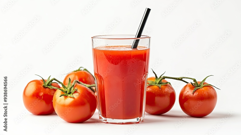 tomato juice in a glass with a straw and some tomatoes tomato juice in a glass with a straw and some tomatoes