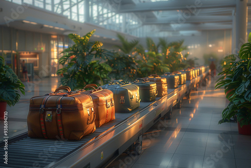 In early morning light of a sunny day, a wide-angle view captures bustling energy of baggage moving on an airport conveyor belt in an empty airport arrivals hall, as promise of adventure and new expe photo