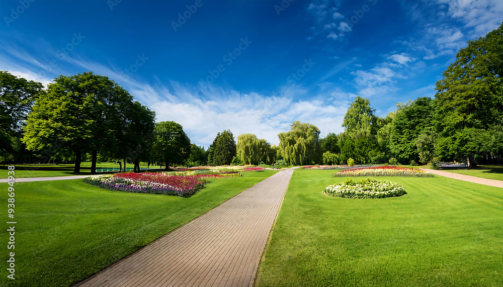 Naklejka premium Park with lots of trees and flowers