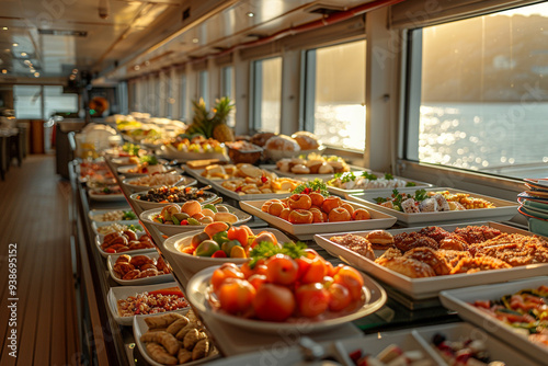 From a wide-angle view on a sunny day, dining room buffet aboard luxury abstract cruise ship offers a panoramic spread of delectable dishes, with morning sun casting a golden glow on sumptuous array  photo