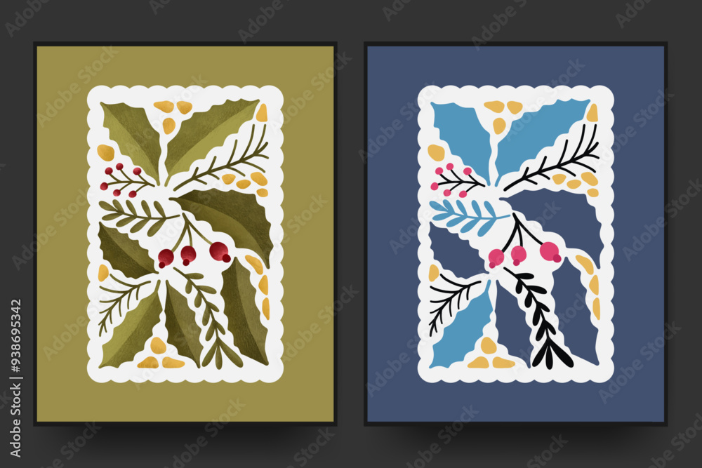 © yetitaher - Christmas abstract floral matisse minimal style. hand drawn flat and textured design art set for wall decor, post card, poster, cover.