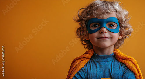 A cute young boy dressed as a superhero for Halloween on an orange banner with space for copy. Perfect for Halloween advertising or themed events.