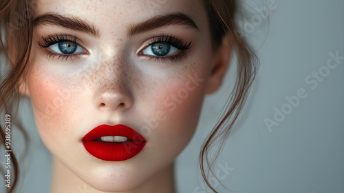 Beautiful female face with bright red lipstick close-up. Portrait of a girl with parted lips. Bright face makeup. The concept of beauty, fashion and cosmetics. Sensuality and sexuality.