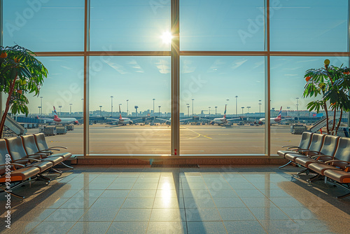 Busy Airport Waiting Room with Comfortable Chairs and Eager Travelers – Panoramic View of Majestic Terminal Hall and Departure Lounge photo