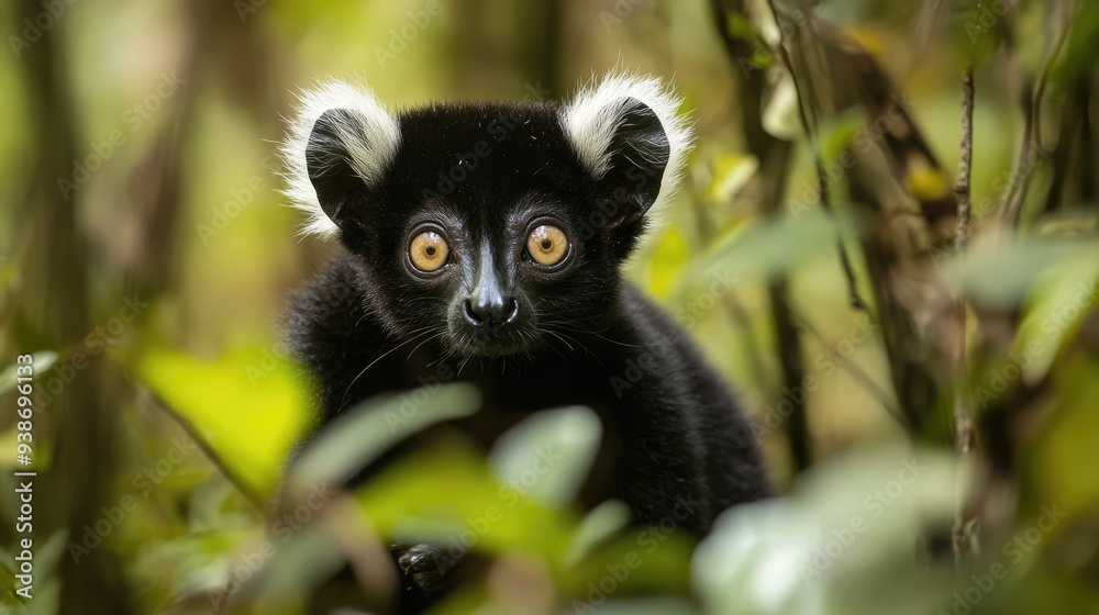 Fototapeta premium Black and White Ruffed Lemur with White Ear Tufts