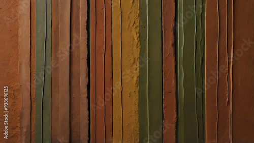 A textured abstract wall with earthy tones of terracotta, olive green, and mustard yellow, evoking warmth and natural beauty.
