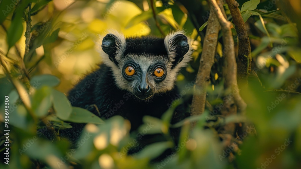 Fototapeta premium A Black and White Ruffed Lemur Peeking Through Foliage