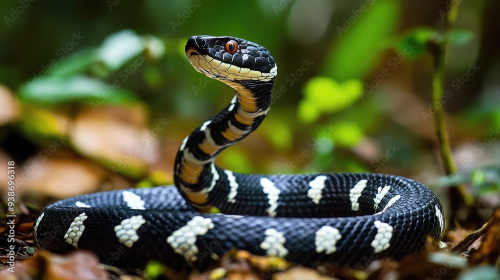 Obraz premium A Black and White Banded Snake with Red Eyes on Forest Floor