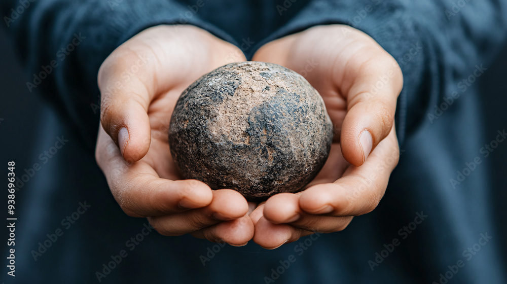 A close-up of hands holding a textured stone, symbolizing nature, balance A close-up of hands holding a textured stone, symbolizing nature, balance