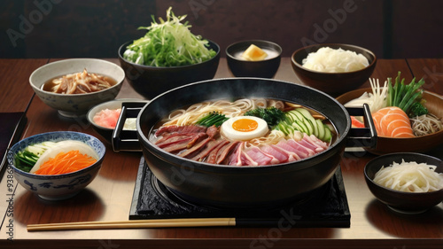 japanese cuisine, miso udon noodles in black bowl photo