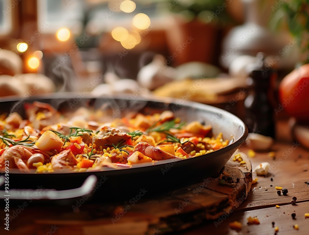 Seafood Paella in Rustic Setting, Traditional Spanish Meal on Wooden Table Seafood Paella in Rustic Setting, Traditional Spanish Meal on Wooden Table