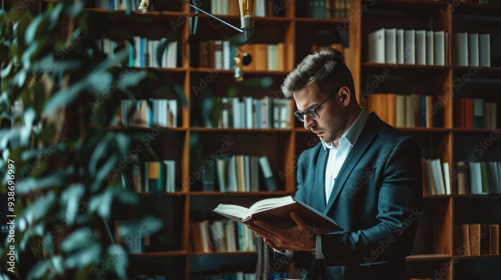 Handsome businessman searching for information in a book, a traditional source of information in a modern office. Handsome businessman searching for information in a book, a traditional source of information in a modern office.