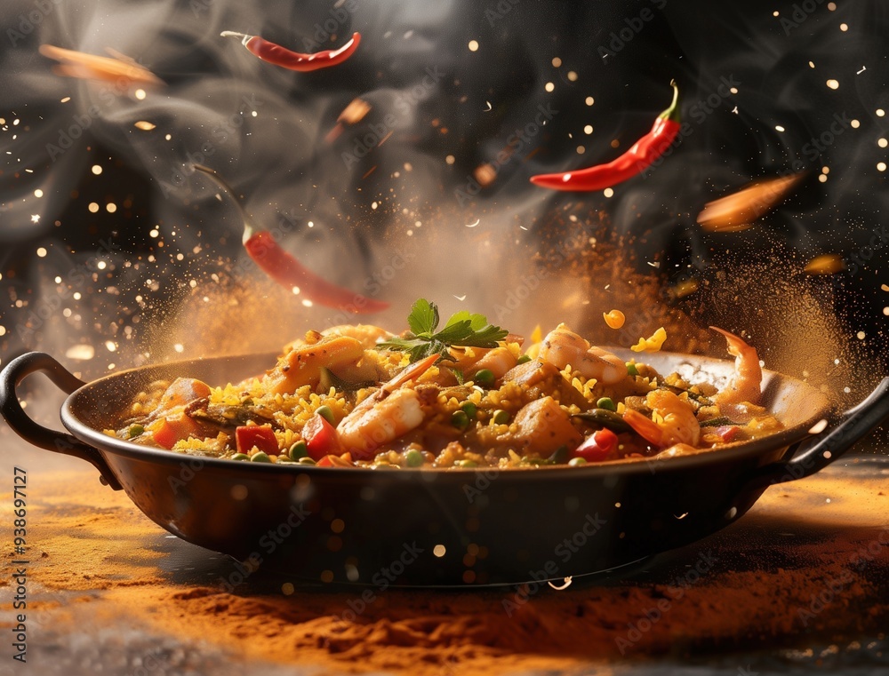 Exploding Ingredients of Spanish Paella Captured in Dynamic Seafood Photography Exploding Ingredients of Spanish Paella Captured in Dynamic Seafood Photography