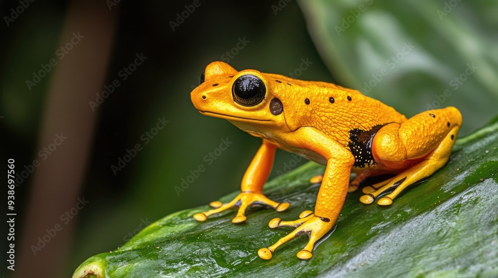 Golden Poison Dart Frog Perched on a Green Leaf Golden Poison Dart Frog Perched on a Green Leaf